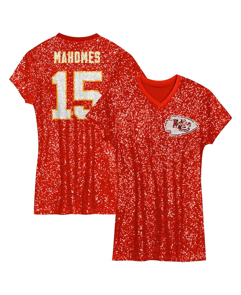 Outerstuff Big Girls Patrick Mahomes Red Kansas City Chiefs Sequin Player Name Number V-Neck Dress