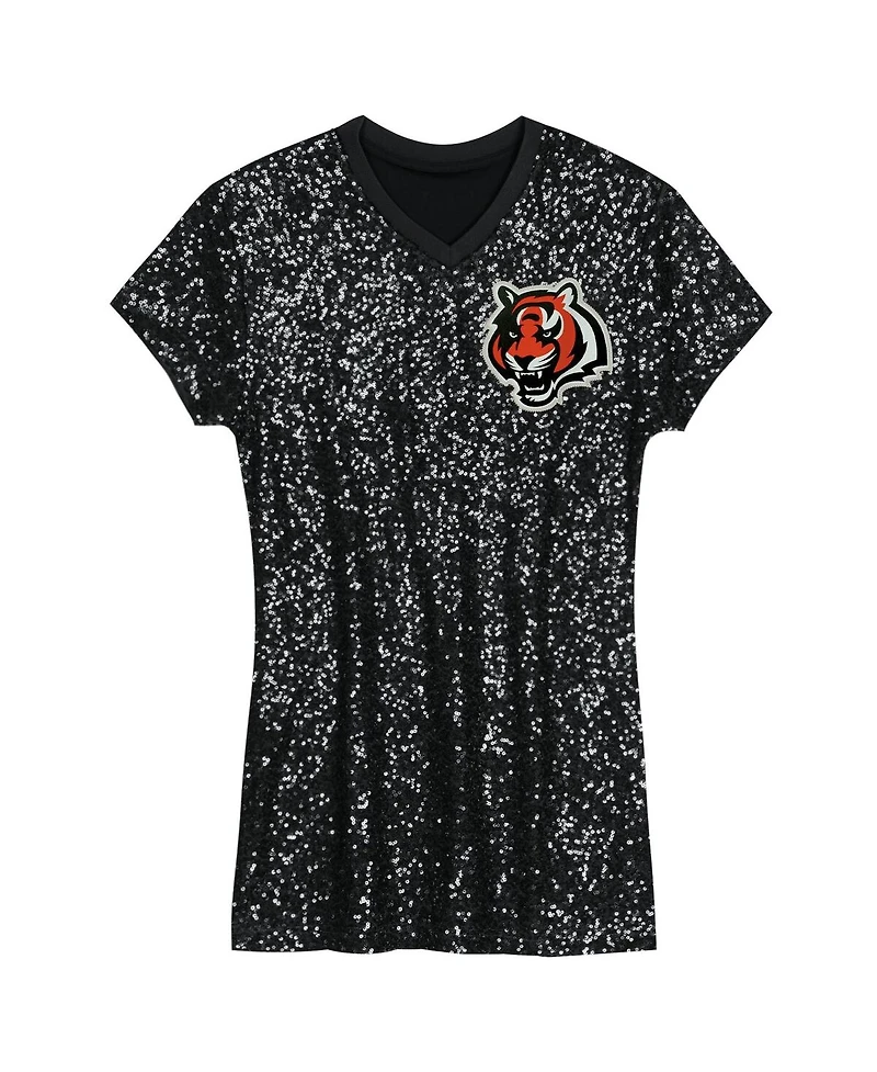 Outerstuff Big Girls Joe Burrow Black Cincinnati Bengals Sequin Player Name Number V-Neck Dress