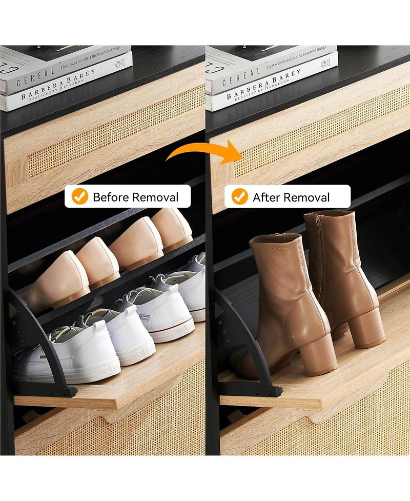gaomon Natural Rattan Storage Cabinet with 2 Flip Drawers, Wooden Entry Way Cabinet with Storage with Adjustable Shelf and Metal Legs