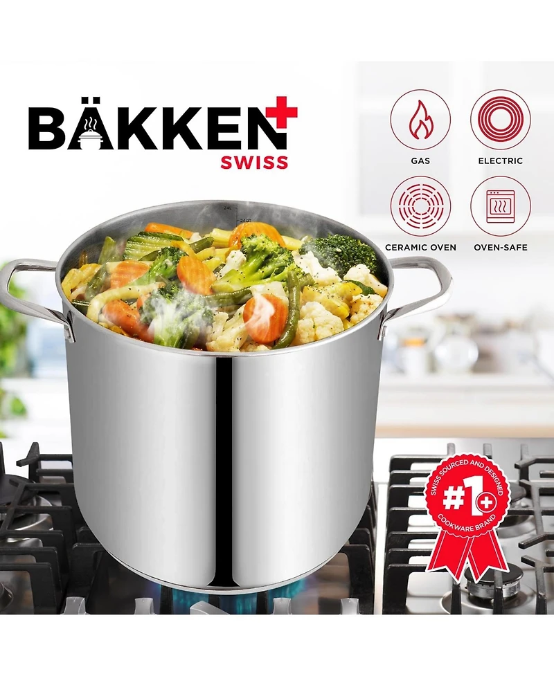 Bakken-Swiss Deluxe 24-Quart Stainless Steel Stockpot w/Tempered Glass See-Through Lid - Simmering Delicious Soups Stews & Induction Cooking
