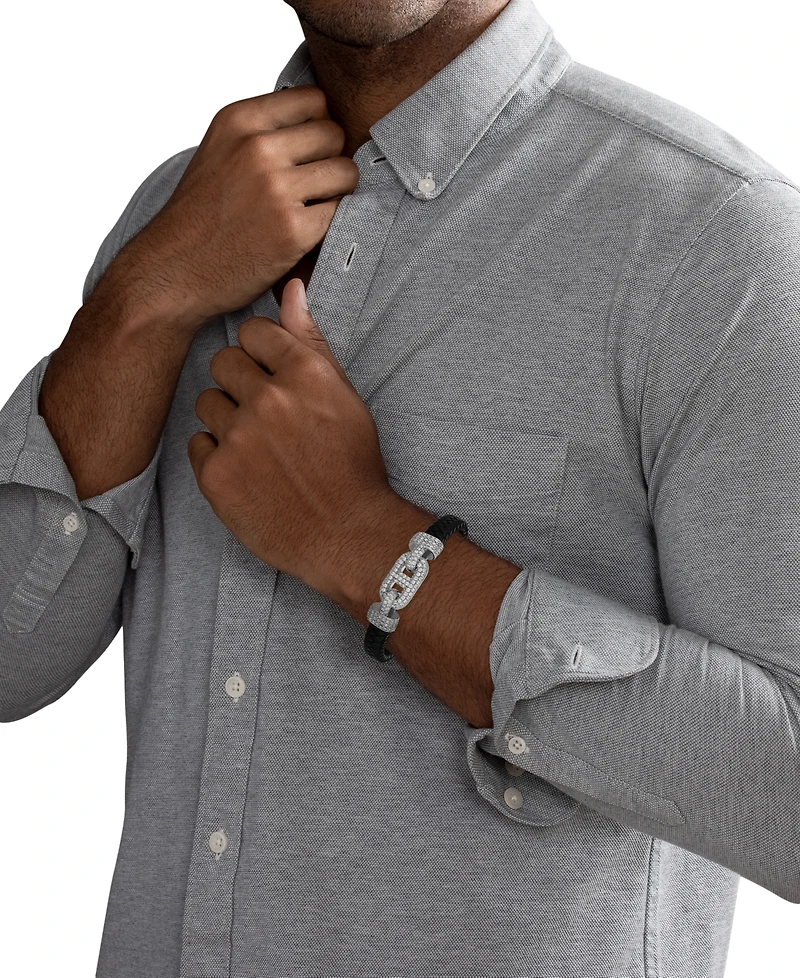 Esquire Men's Jewelry Cubic Zirconia & Braided Black Leather Bracelet in Sterling Silver, Exclusively at Macy's