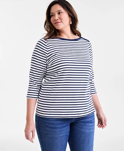 Style & Co Plus Stripe Pima Cotton 3/4-Sleeve Top, Exclusively at Macy's