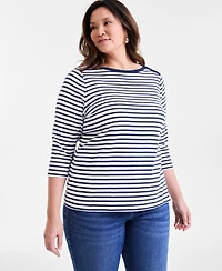 Style & Co Plus Stripe Pima Cotton 3/4-Sleeve Top, Exclusively at Macy's