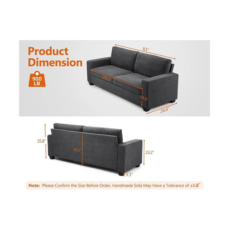 Comfy Couch for Living Room, 83-inch Corduroy Sofa with Removable Cover, 3 Seater Modern Deep Seats Bedroom Apartment Home Office,