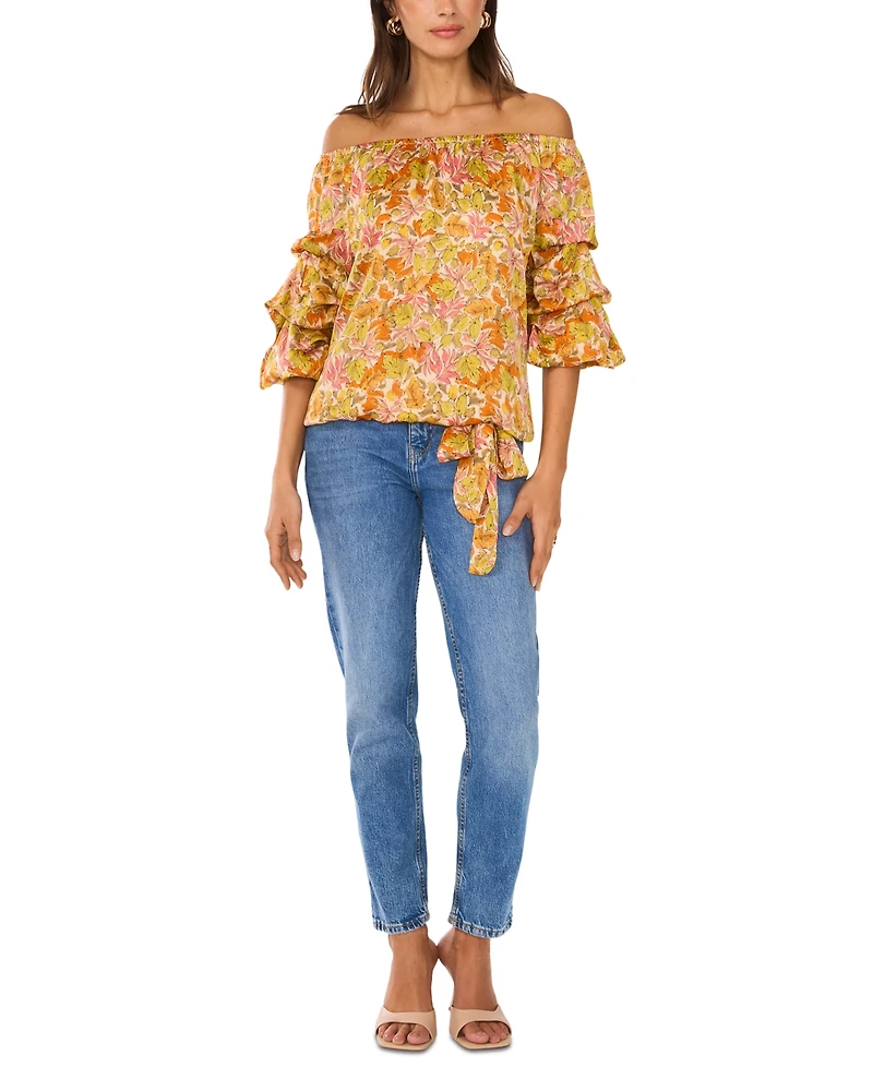 Vince Camuto Women's Printed Off-The-Shoulder Bubble 3/4-Sleeve Tie-Front Blouse
