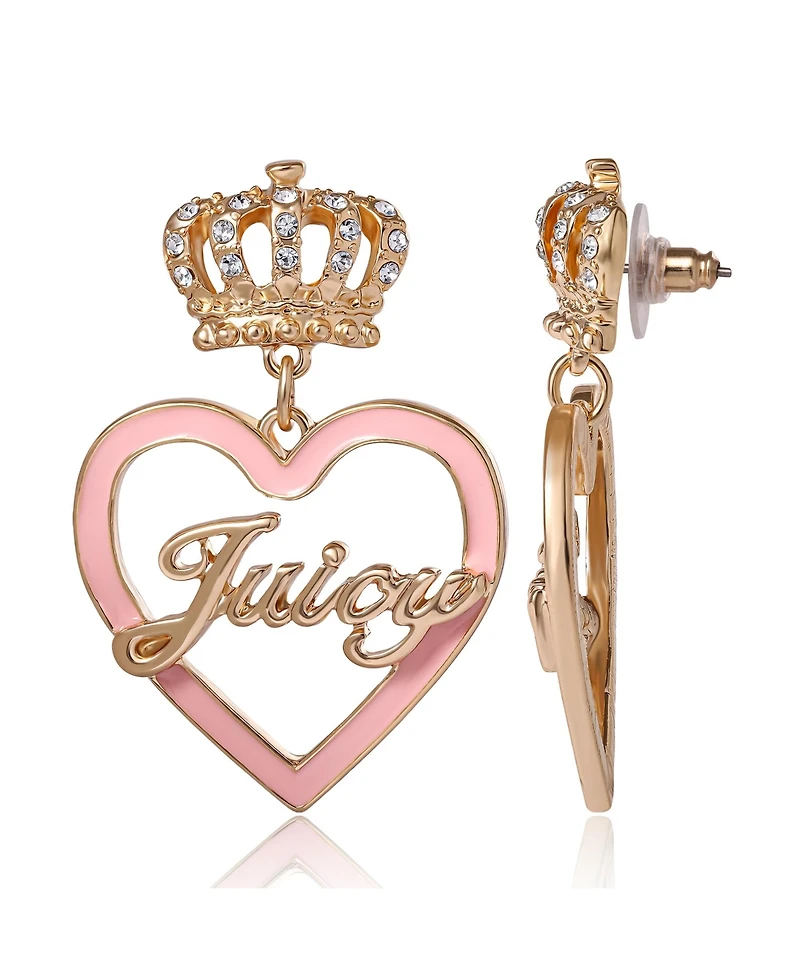 Juicy Couture Gold-Tone Crown & Pink Heart Drop Earrings