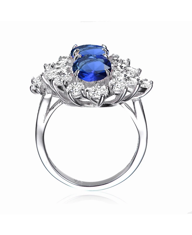 Sterling Silver with White Gold Plated Oval Stone Blue, Yellow, or Pink Cubic Zirconia Cocktail Ring