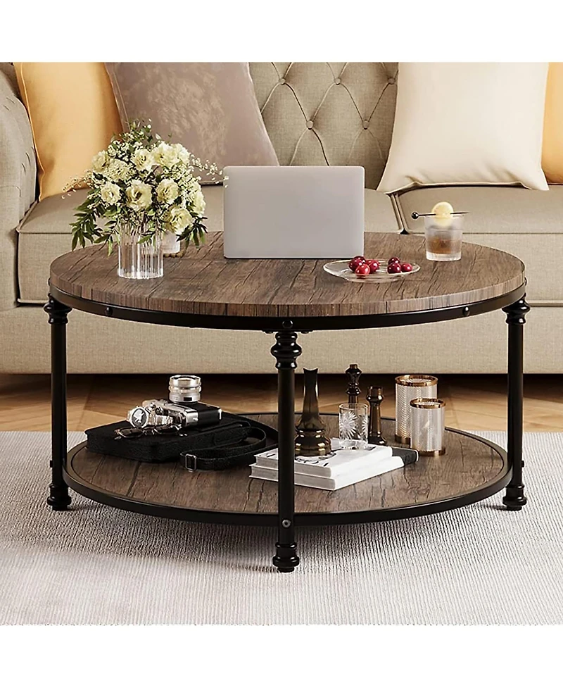 gaomon Coffee Table Round Center Table with Storage Shelf Wooden Circle Coffee Table with Sturdy Metal Legs Rustic 2-Tier Industrial Accent Center Tab