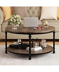 gaomon Coffee Table Round Center Table with Storage Shelf Wooden Circle Coffee Table with Sturdy Metal Legs Rustic 2-Tier Industrial Accent Center Tab