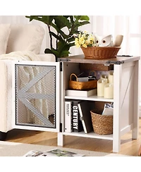 gaomon Farmhouse Nightstand with Charging Station, 18" End Table with Barn Door, Adjustable Shelf, Sofa Side Table for Bedroom & Living Room