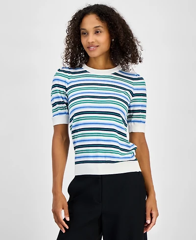 T Tahari Women's Striped Puff-Sleeve Sweater