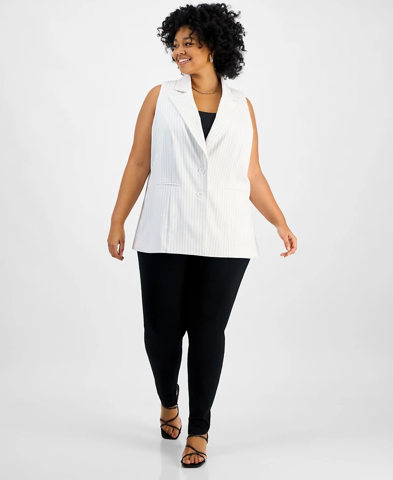 Bar Iii Trendy Plus Size Long White Pinstriped Vest, Created for Macy's