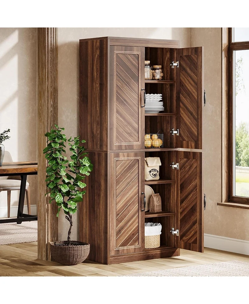 Tribesigns 69" Tall Kitchen Pantry Cabinet, Farmhouse Pantry Storage Cabinet with 4 Doors and 4 Adjustable Shelves, Rustic Wood Cupboard, Brown