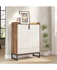 Tribesigns White 25 Pair Shoe Cabinets with Doors, 5-Tier Modern Storage Organizer Cabinet, Freestanding Wood Cabinet Metal Frame for B