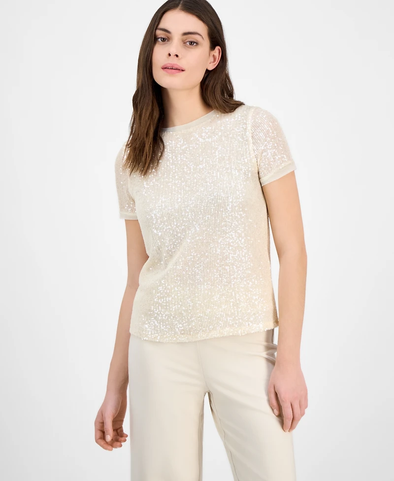 Anne Klein Petite Crewneck Short-Sleeve Sequin T-Shirt