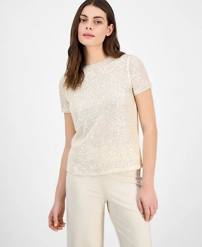 Anne Klein Petite Crewneck Short-Sleeve Sequin T-Shirt