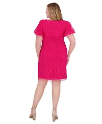 Eliza J Plus Size Puffed-Sleeve 3D-Floral Shift Dress