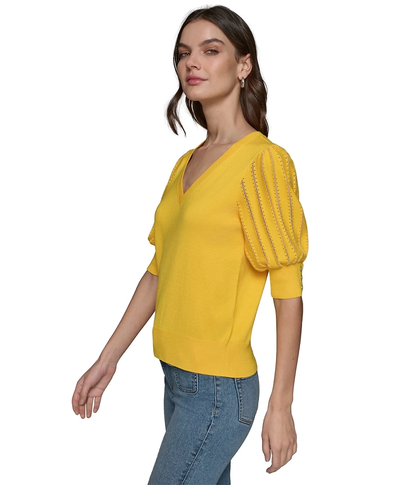 Karl Lagerfeld Paris Women's Puffed-Sleeve V-Neck Sweater