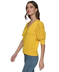 Karl Lagerfeld Paris Women's Puffed-Sleeve V-Neck Sweater