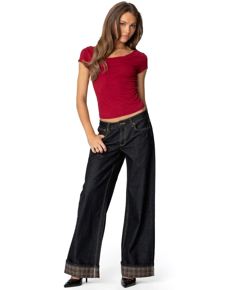 Edikted Womens Plaid Cuffed Low Rise Jeans