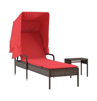 Sun Lounger with Canopy and Table Brown Poly Rattan