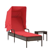 Sun Lounger with Canopy and Table Brown Poly Rattan