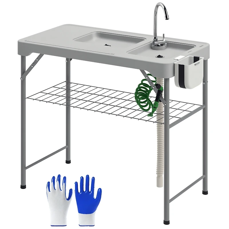 Outsunny Folding Fish Cleaning Table Camping Sink Table with Faucet,