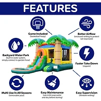 HeroKiddo Tropical Breeze Commercial Grade Bounce House Water Slide with Splash Pool for Kids and Adults (with Blower), Basketball Hoop, Outdoor Indoo