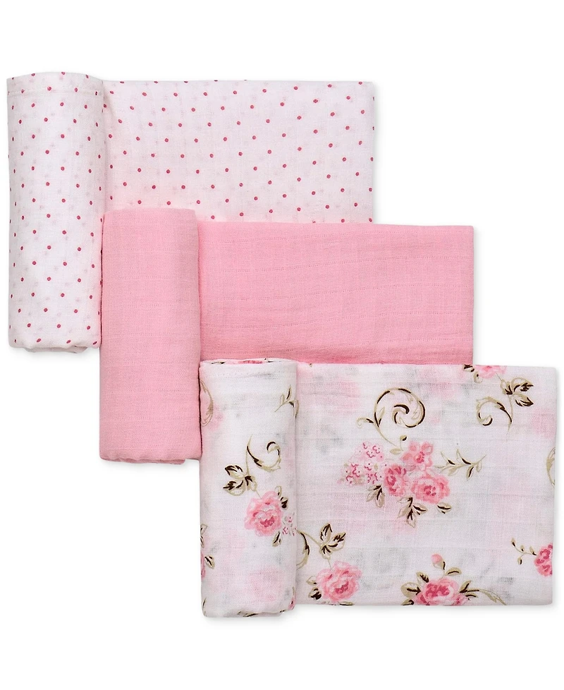 Little Me Baby Girls 3-Pc. Vintage Rose Muslin Blankets Set