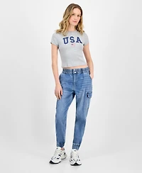 Madden Girl Juniors' Mid Rise Two Button Fly Cargo Jogger Jeans