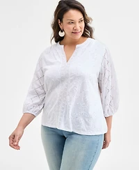 Style & Co Plus Solid Split-Neck Eyelet Top, Exclusively at Macy's