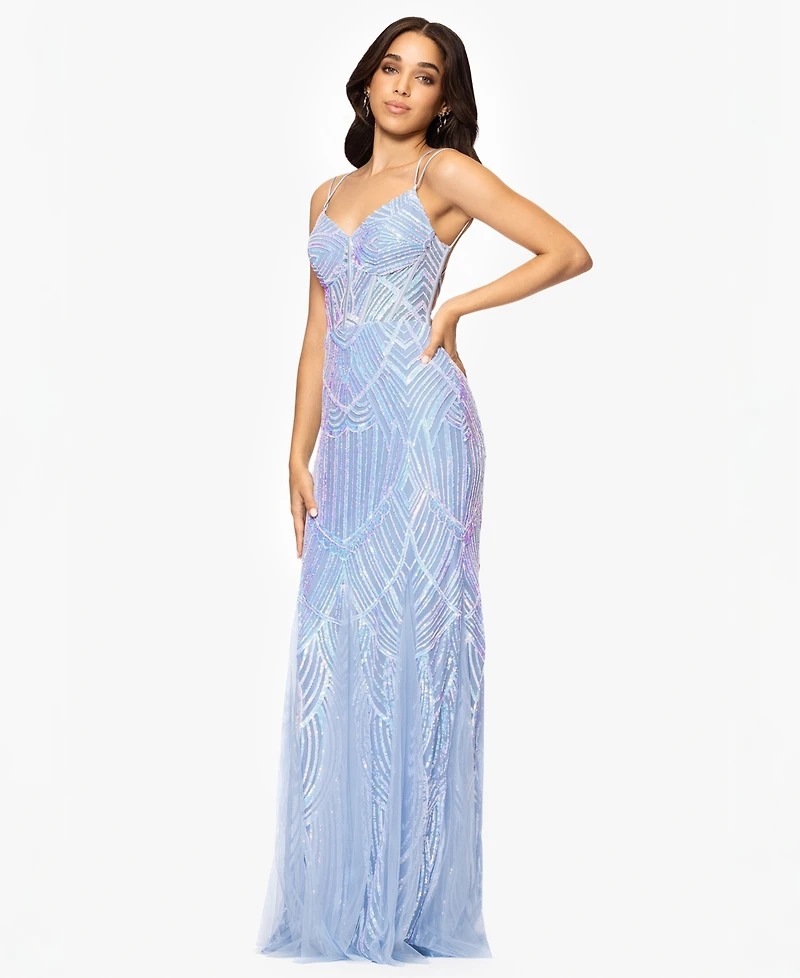 Blondie Nites Juniors' Sequin-Mesh Floor-Sweeping Corset Gown