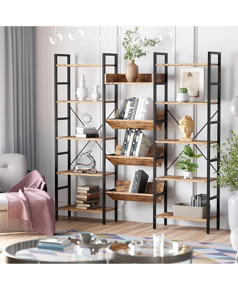 Ironck Bookcases and Bookshelves Triple Wide 5 Tiers Industrial Bookshelf