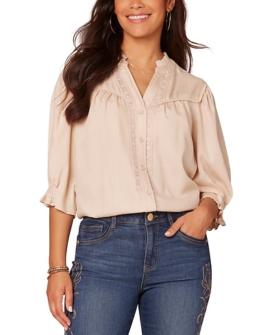 Democracy Women's Crochet Trim Button-Front Ruffle Shirt
