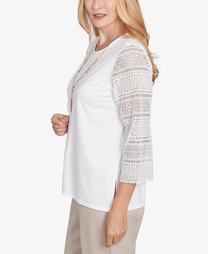 Alfred Dunner Petite Kensington Gardens Solid Lace Sleeve Knit Top with Necklace