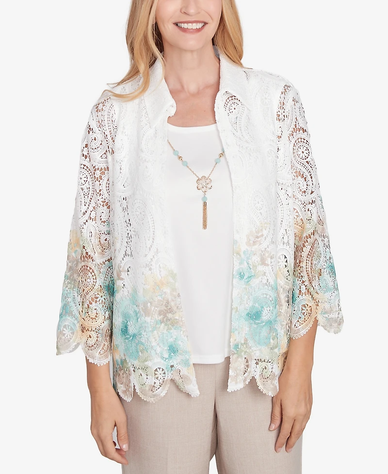 Alfred Dunner Petite Kensington Gardens Two in One Lace Floral Top with Necklace