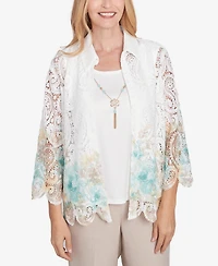 Alfred Dunner Petite Kensington Gardens Two in One Lace Floral Top with Necklace
