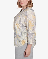Alfred Dunner Plus Size Dress Code Textured Paisley Beaded Neck Top