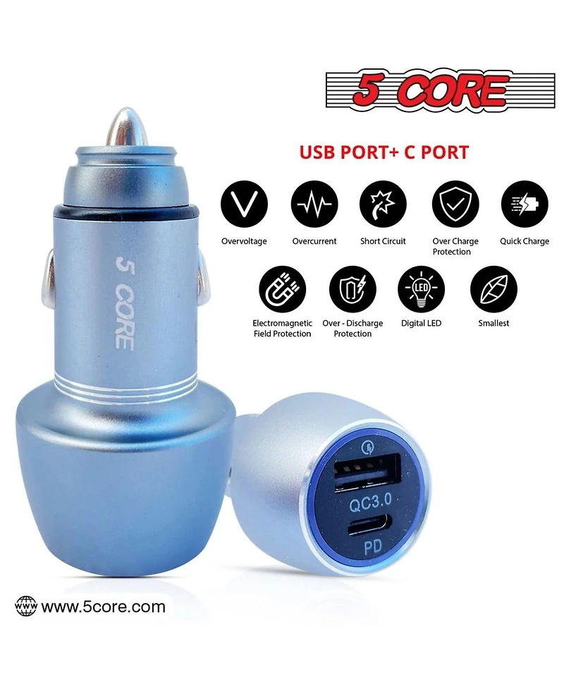 5 Core Usb Car Charger Cigarette Lighter Adapter 1 Usb 1 Type C Port Qc 3.0 36W Fast Charging