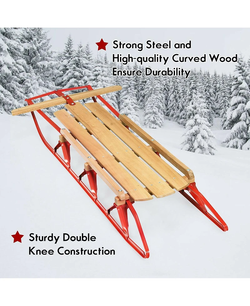 54 Inch Kids Wooden Snow Sled with Metal Runners and Steering Bar