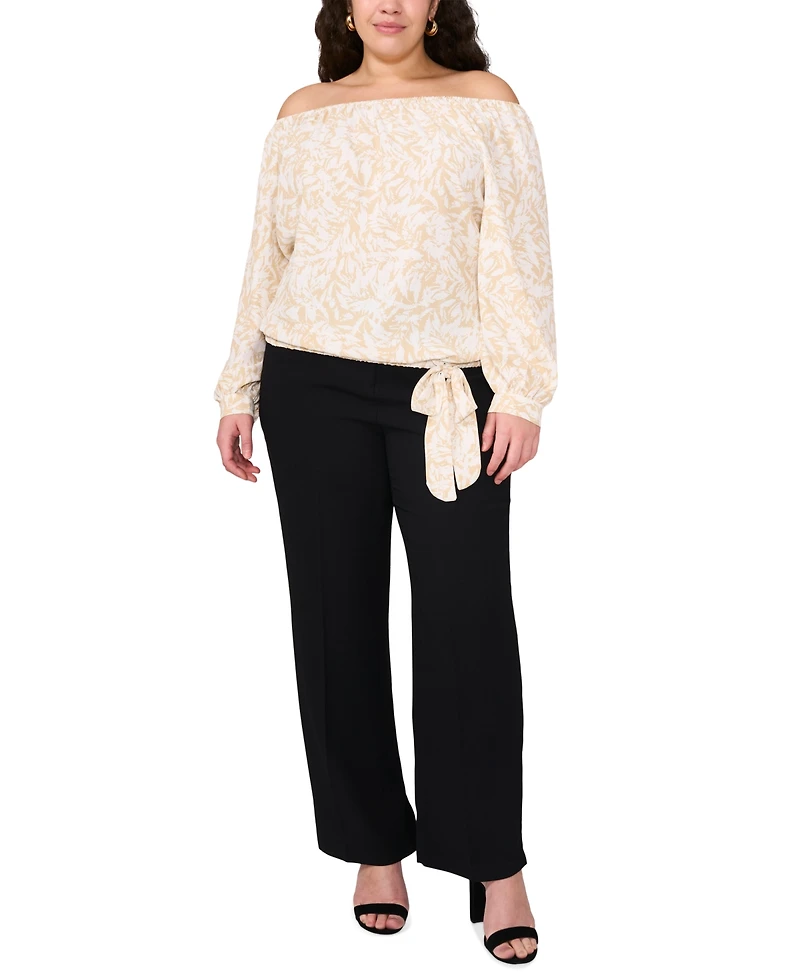 Vince Camuto Plus Printed Off-The-Shoulder Long-Sleeve Tie-Front Blouse