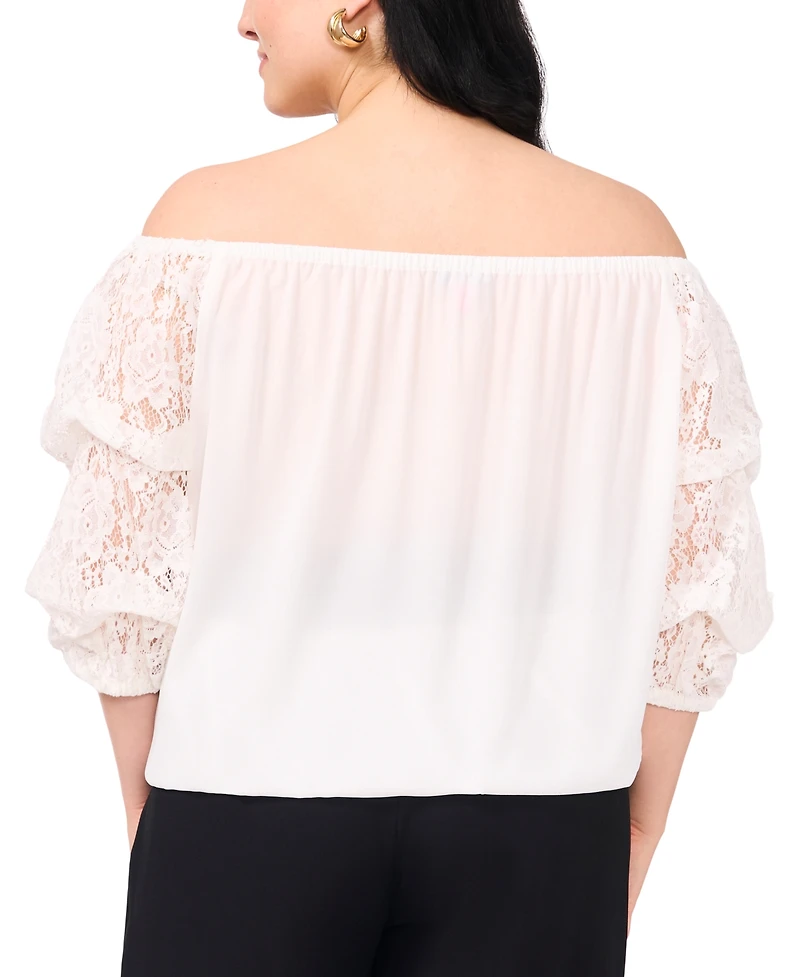 Vince Camuto Plus Size Off-The-Shoulder Lace Bubble 3/4-Sleeve Tie-Front Blouse