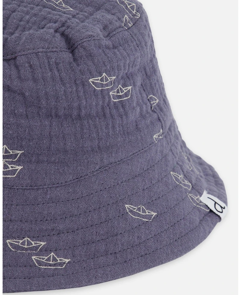Deux par Baby Boys Printed Muslin Bucket Hat Navy Blue Paper Boats