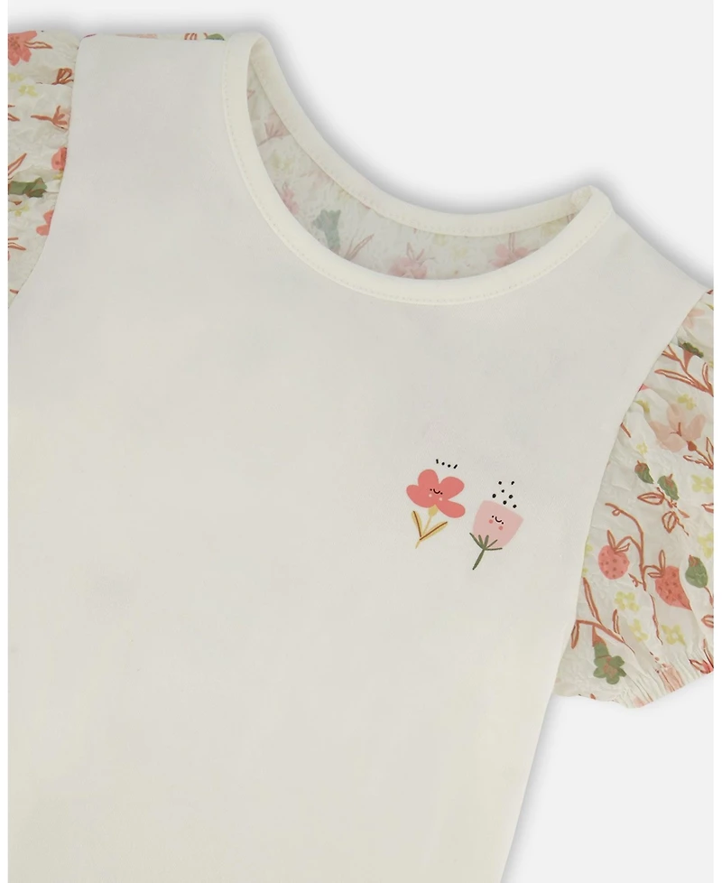 Deux par Deux Big Girls Bi-Material Organic Cotton Top With Puff Sleeve Pink Flowers On Cream Background
