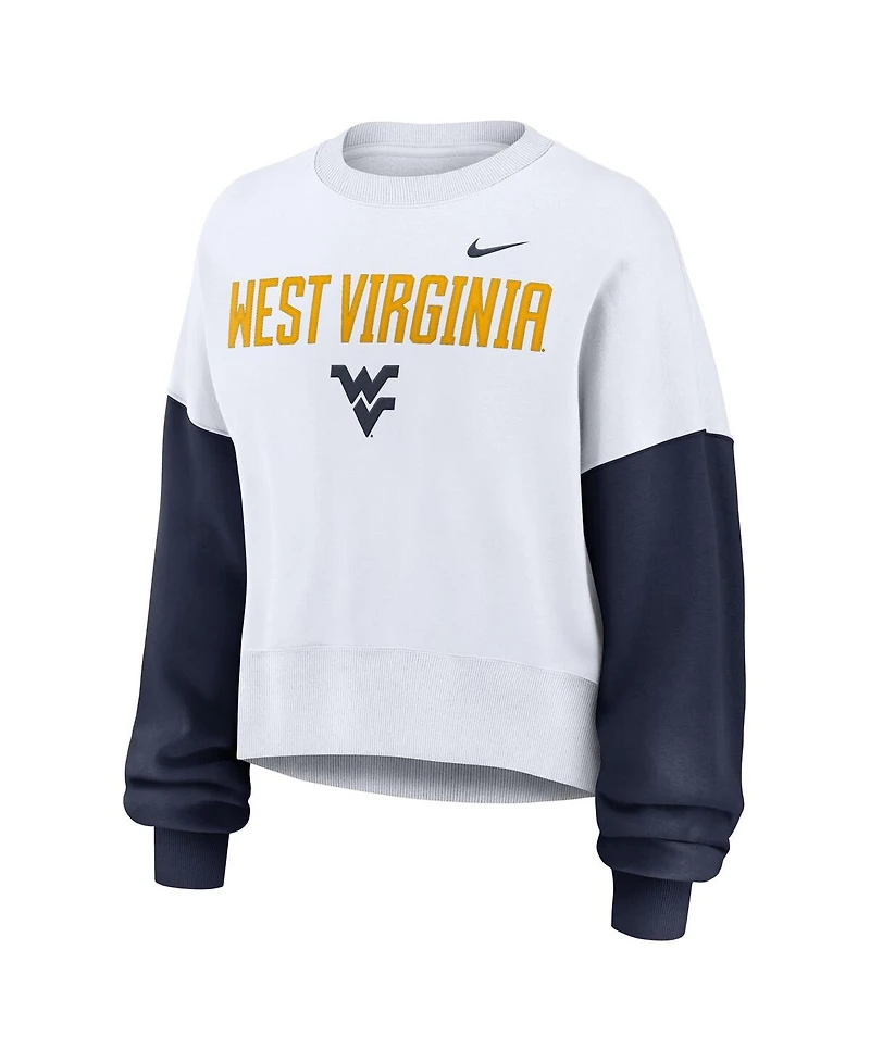 Nike Women's White West Virginia Mountaineers Color-Block Oversized Cropped Pullover Sweatshirt