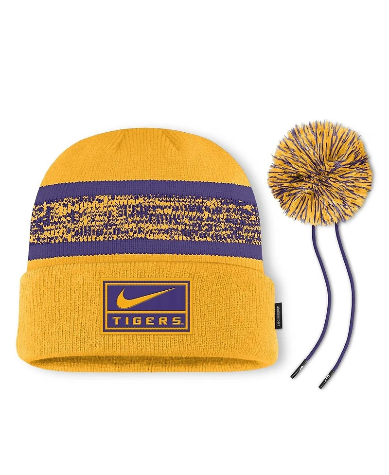 Nike Men's Gold Lsu Tigers On-Field Peak Cuffed with Pom Knit Hat