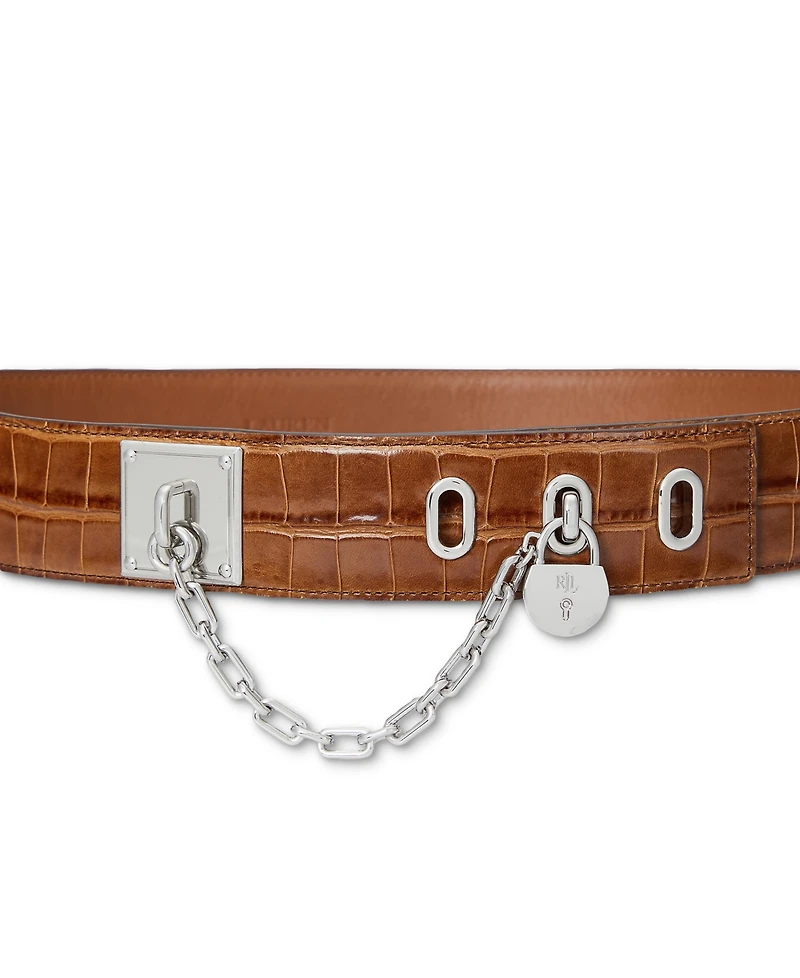 Lauren Ralph Lauren Croc-Embossed Chain Padlock Wide Belt
