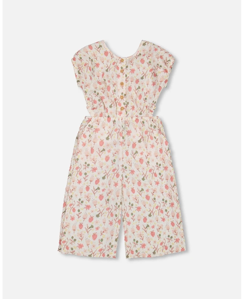 Deux par Deux Toddler Girls Printed Seersucker Jumpsuit With Cut Outs Pink Flowers On Cream Background - Toddler|Child