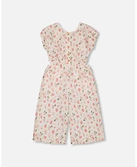 Deux par Deux Toddler Girls Printed Seersucker Jumpsuit With Cut Outs Pink Flowers On Cream Background - Toddler|Child