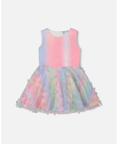 Deux par Deux Big Girls Milano Dress With Printed Mesh Skirt Multicolored With Butterflies